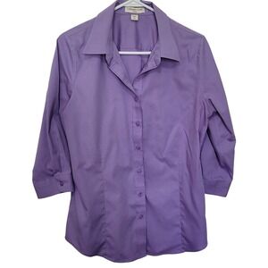 Coldwater Creek Button Down Shirt Women M Purple 3/4 Sleeve No Iron Cotton